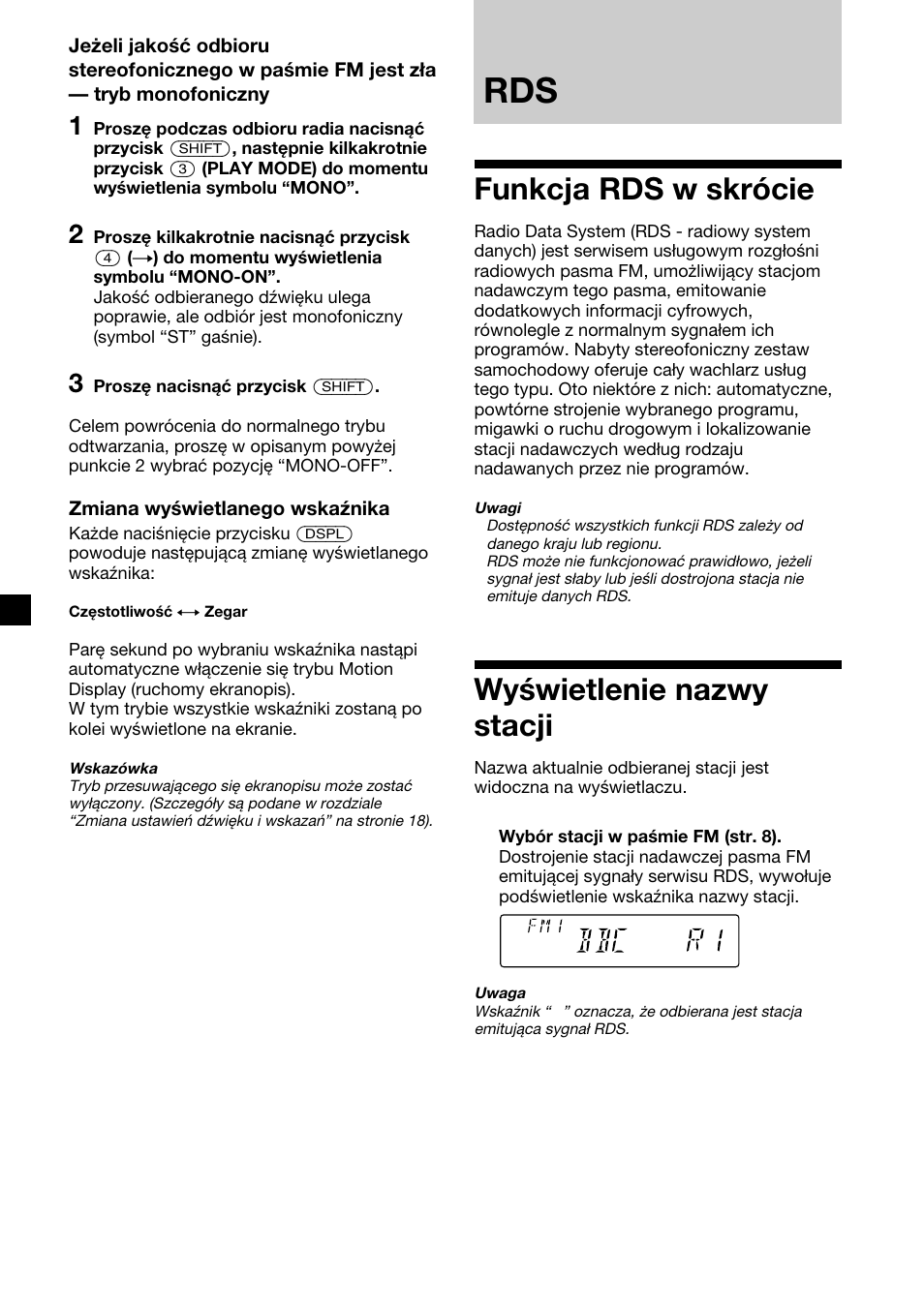 Funkcja rds w skrûcie, Wy wietlenie nazwy stacji, Funkcja rds w skrócie wyświetlenie nazwy stacji | Funkcja rds w skrócie, Wyświetlenie nazwy stacji | Sony CDX-2500R User Manual | Page 58 / 120