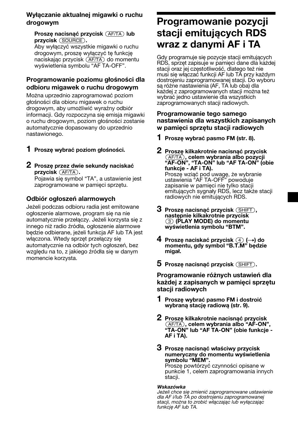 Programowanie pozycji stacji emitujących, Rds wraz z danymi af i ta | Sony CDX-2500R User Manual | Page 61 / 120