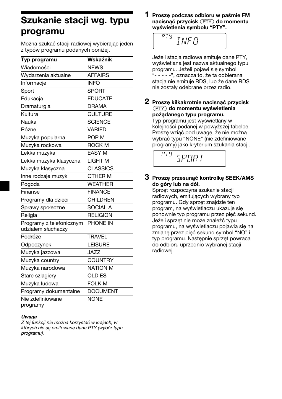 Szukanie stacji wg. typu programu, 14 szukanie stacji wg. typu programu | Sony CDX-2500R User Manual | Page 62 / 120