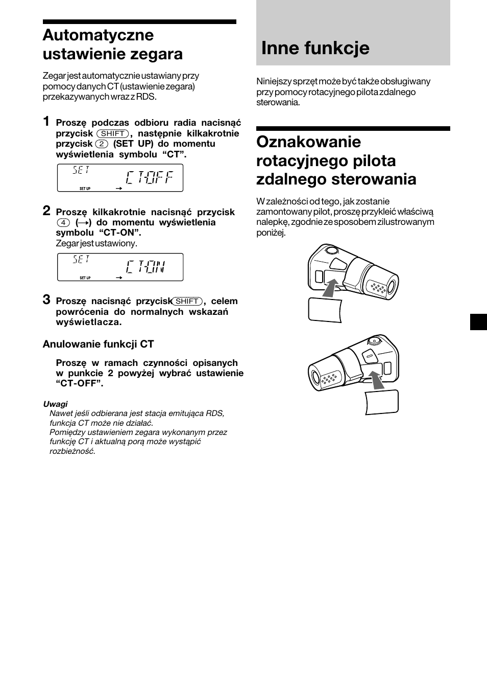 Automatyczne ustawienie zegara, Inne funkcje, Oznakowanie rotacyjnego pilota zdalnego sterowania | Oznakowanie rotacyjnego pilota zdalnego, Sterowania, 15 automatyczne ustawienie zegara | Sony CDX-2500R User Manual | Page 63 / 120