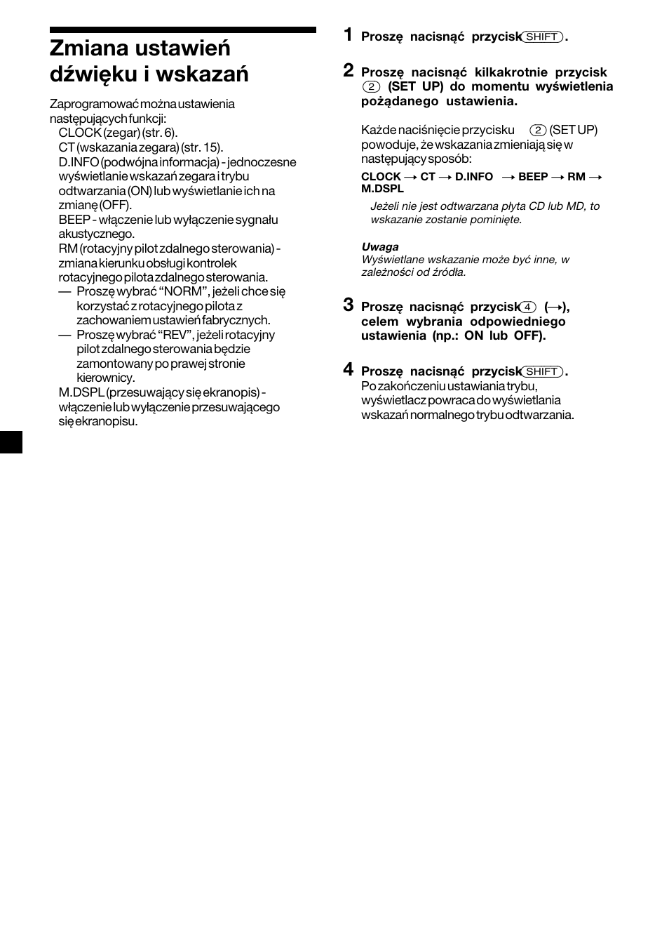 Zmiana ustawieò dºwiíku i wskazaò, Zmiana ustawień dźwięku i wskazań | Sony CDX-2500R User Manual | Page 66 / 120