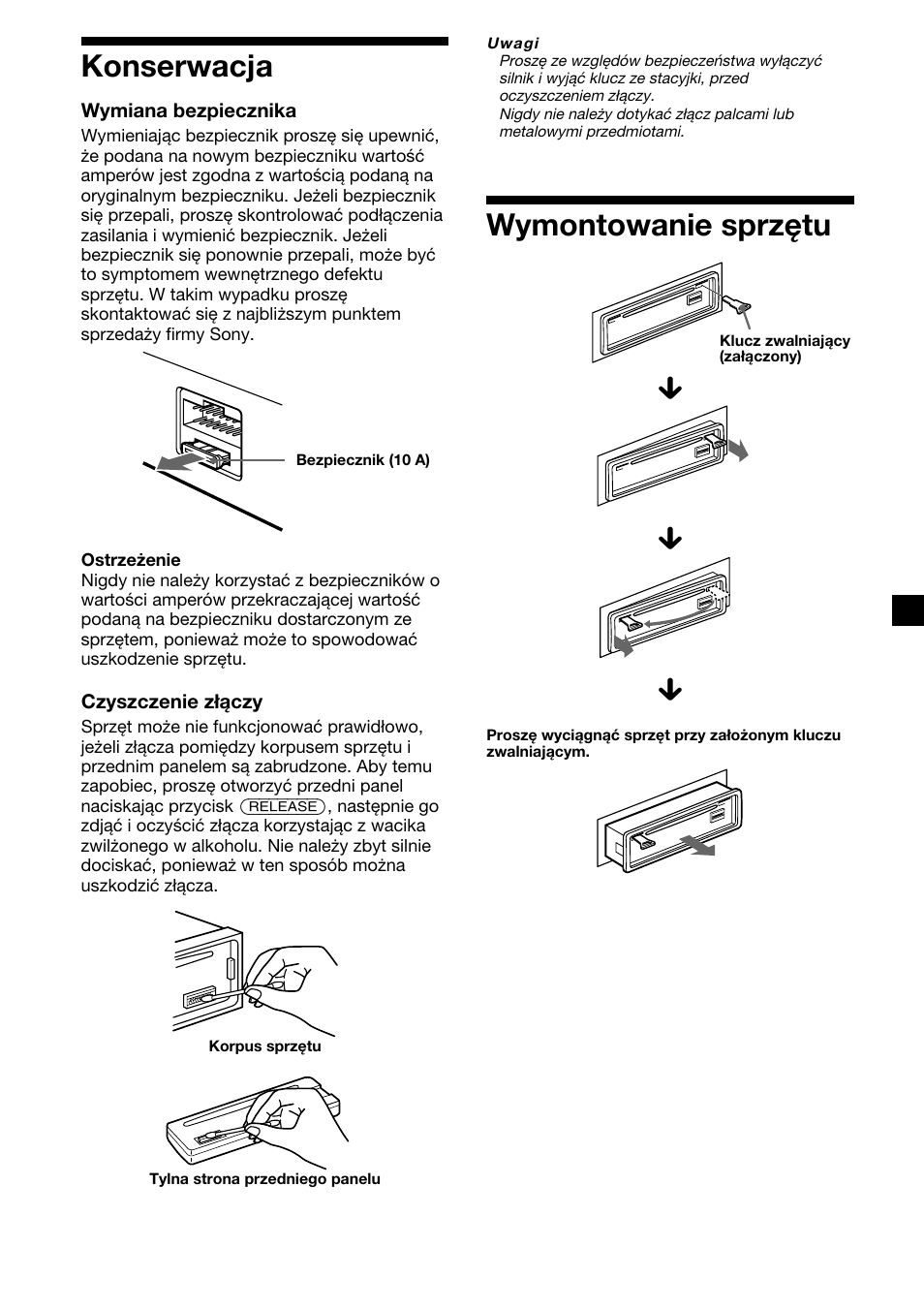 Konserwacja, Wymontowanie sprzítu, Konserwacja wymontowanie sprzętu | Wymontowanie sprzętu | Sony CDX-2500R User Manual | Page 69 / 120