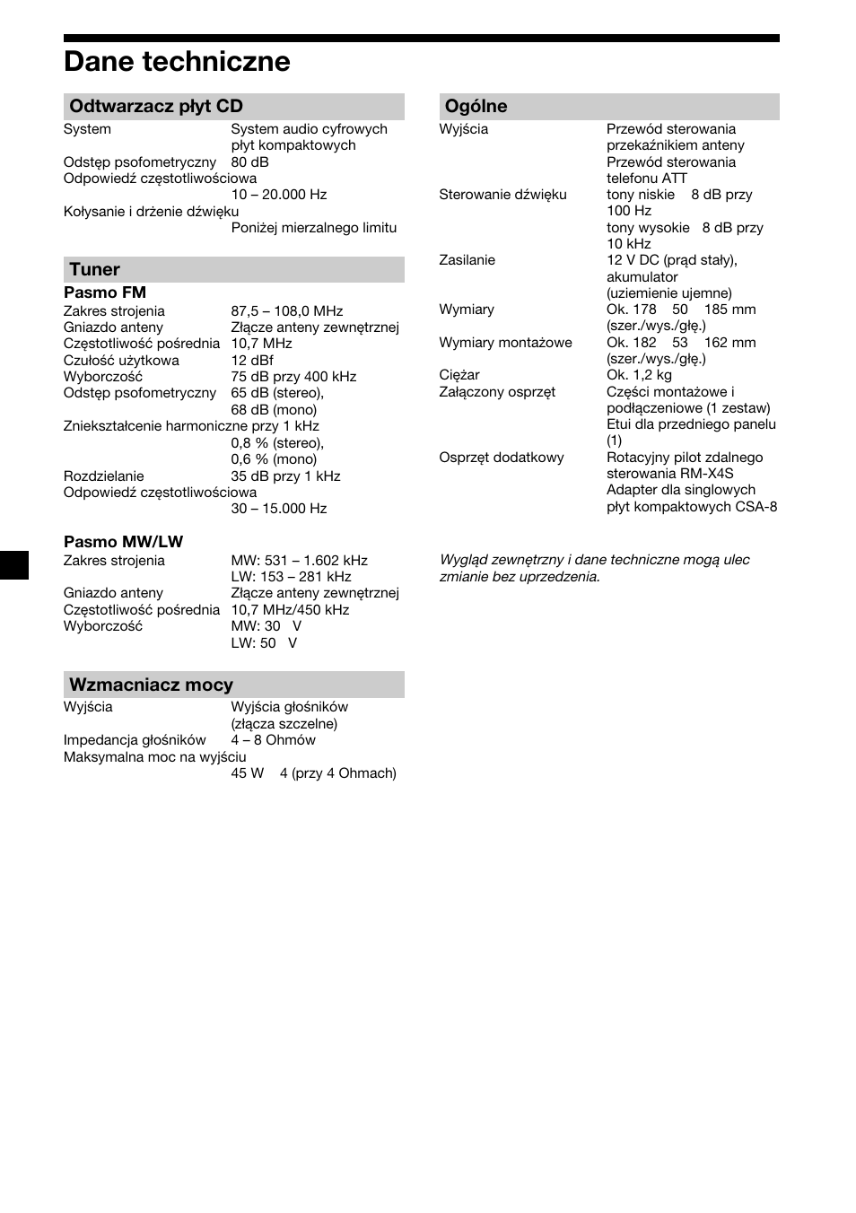 Dane techniczne, 22 dane techniczne, Odtwarzacz płyt cd | Tuner, Wzmacniacz mocy, Ogólne | Sony CDX-2500R User Manual | Page 70 / 120