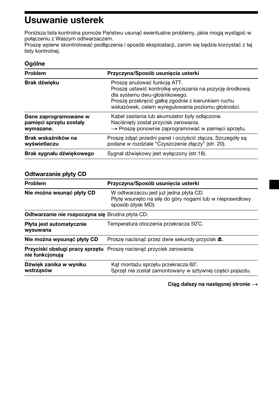 Usuwanie usterek, 23 usuwanie usterek | Sony CDX-2500R User Manual | Page 71 / 120