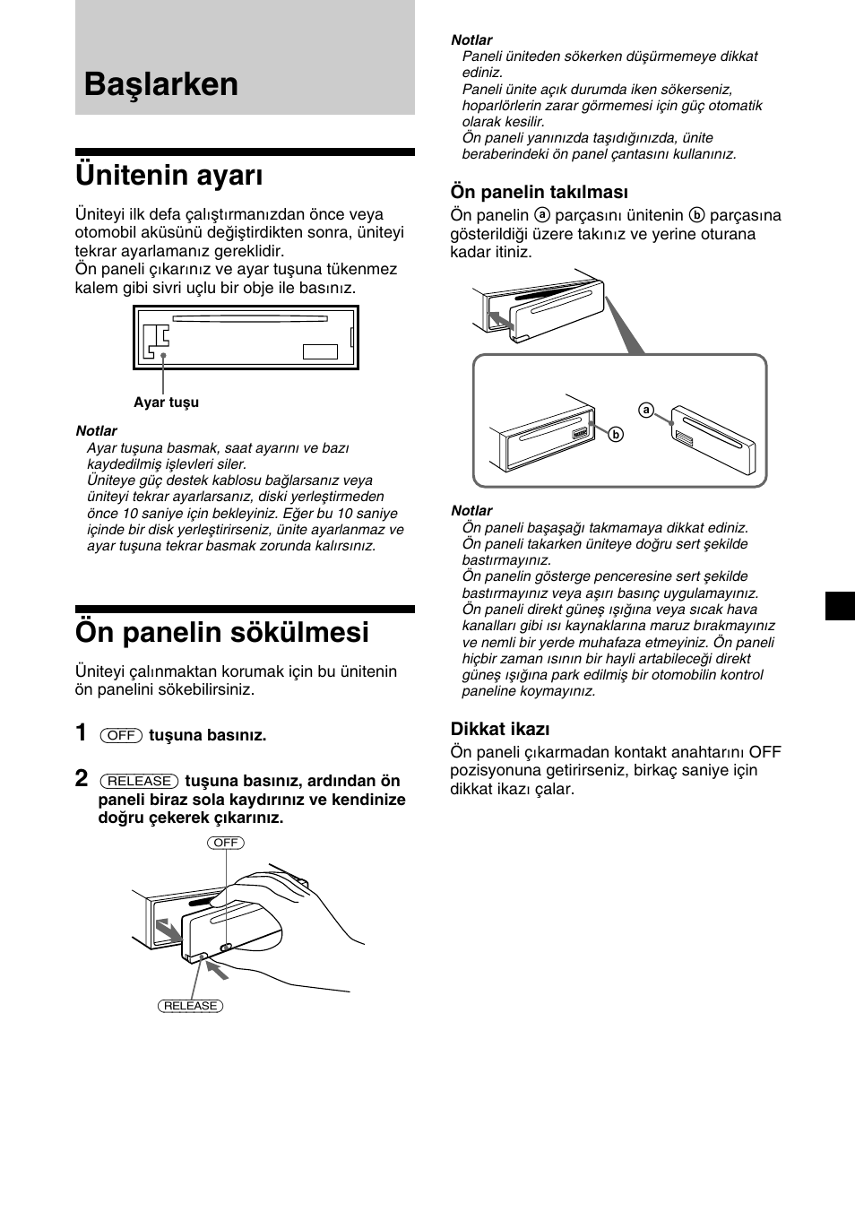 Baﬂlarken, Ünitenin ayar, Ön panelin sökülmesi | Ünitenin ayarı ön panelin sökülmesi, Başlarken, Ünitenin ayarı | Sony CDX-2500R User Manual | Page 77 / 120