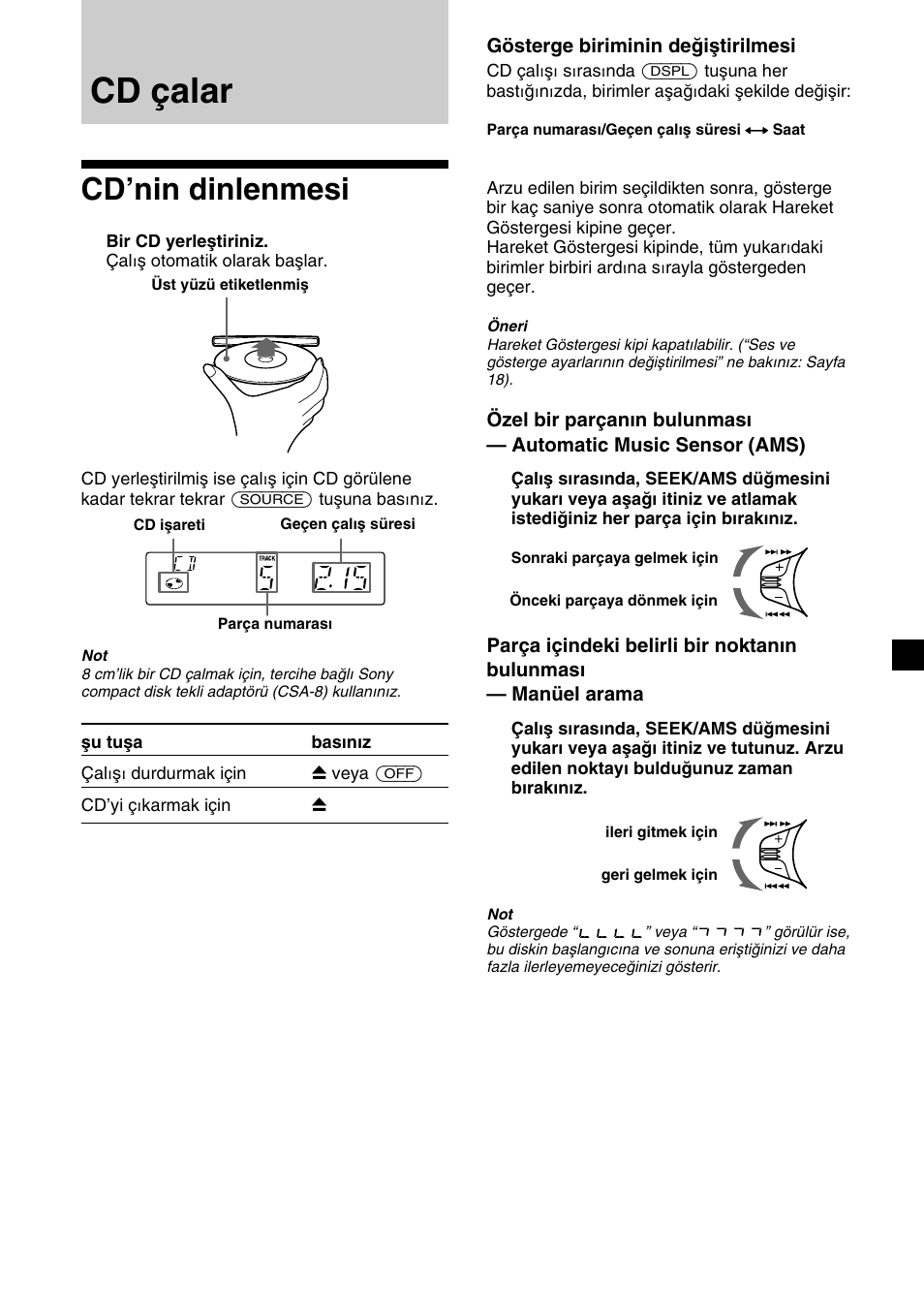 Cd çalar, Cd’nin dinlenmesi | Sony CDX-2500R User Manual | Page 79 / 120