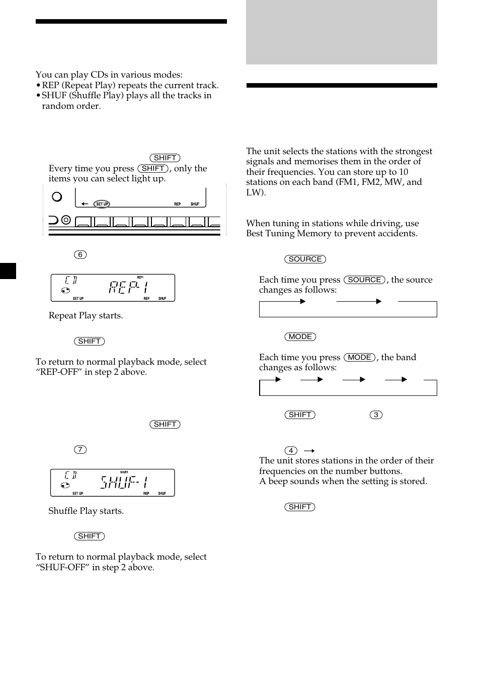 Playing a cd in various modes, Radio, Memorising stations automatically | Best tuning memory (btm) | Sony CDX-2500R User Manual | Page 8 / 120