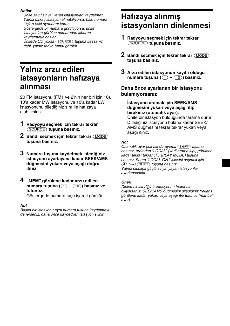 Yaln›z arzu edilen istasyonlar›n haf›zaya al›nmas, Haf›zaya al›nm›ﬂ istasyonlar›n dinlenmesi, Yalnız arzu edilen istasyonların hafızaya | Alınması, Hafızaya alınmış istasyonların dinlenmesi, Yalnız arzu edilen istasyonların hafızaya alınması | Sony CDX-2500R User Manual | Page 81 / 120