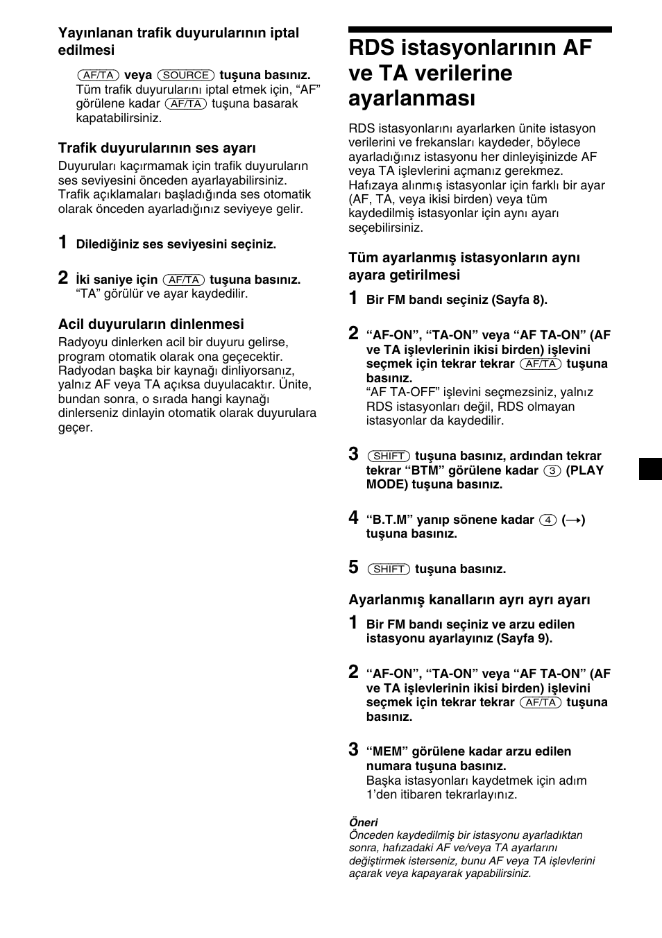 Rds istasyonlar›n›n af ve ta verilerine ayarlanmas, Rds istasyonlarının af ve ta verilerine, Ayarlanması | Sony CDX-2500R User Manual | Page 85 / 120