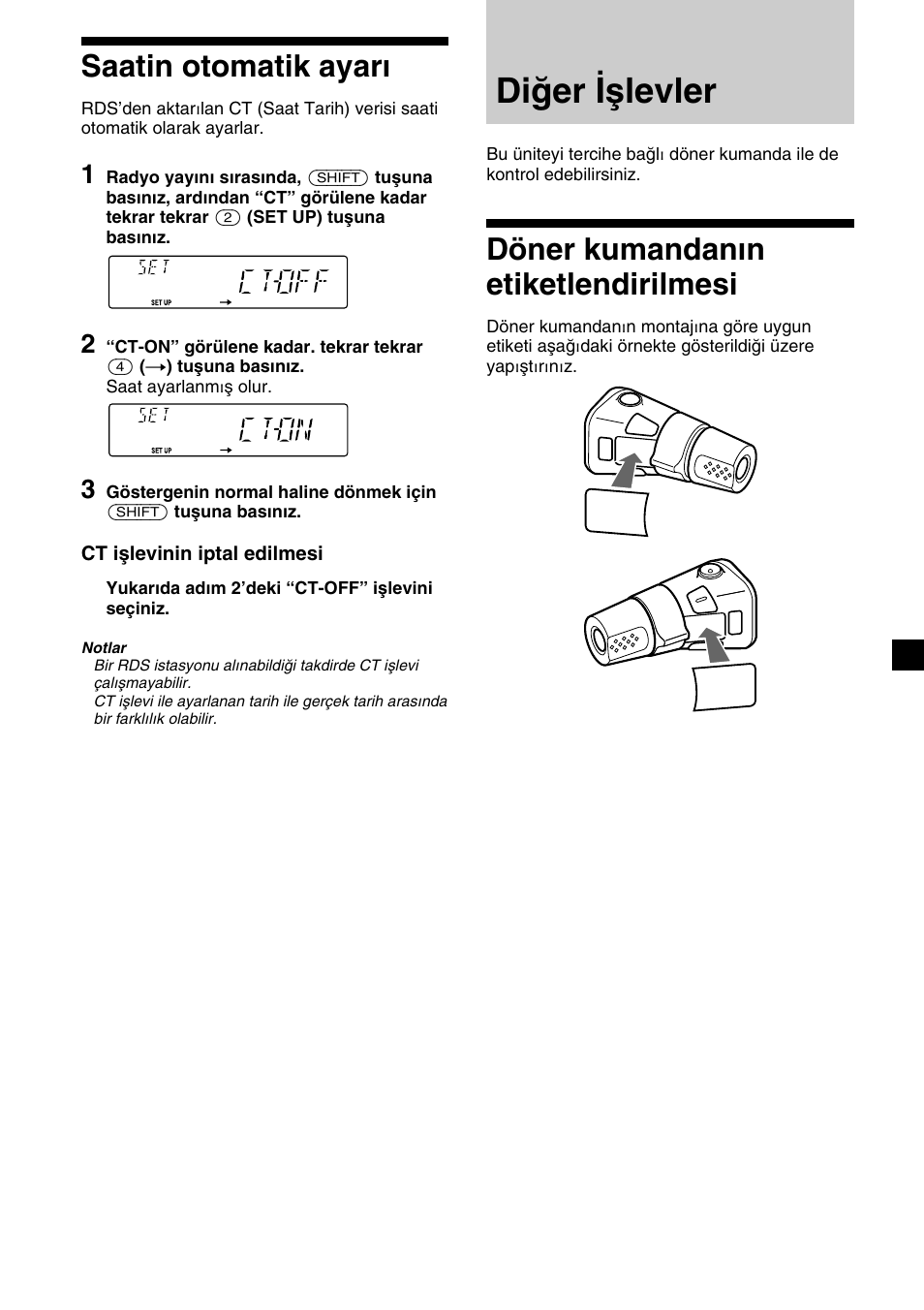 Saatin otomatik ayar, Di¤er ‹ﬂlevler, Döner kumandan›n etiketlendirilmesi | Saatin otomatik ayarı, Döner kumandanın etiketlendirilmesi, Diğer işlevler, 15 saatin otomatik ayarı | Sony CDX-2500R User Manual | Page 87 / 120