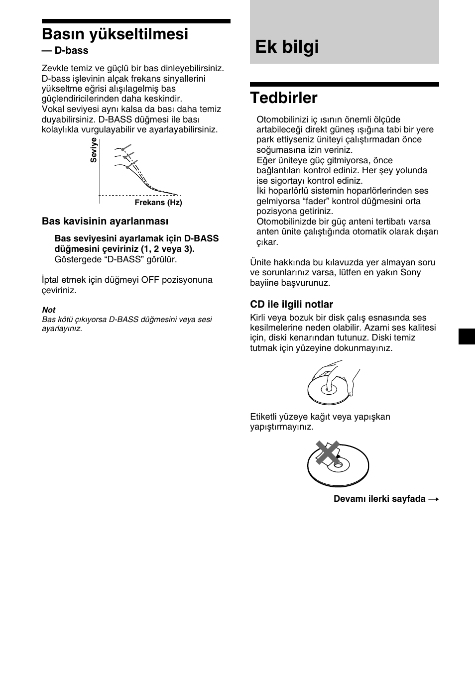 Bas›n yükseltilmesi — d-bass, Ek bilgi, Tedbirler | Basın yükseltilmesi, D-bass | Sony CDX-2500R User Manual | Page 91 / 120