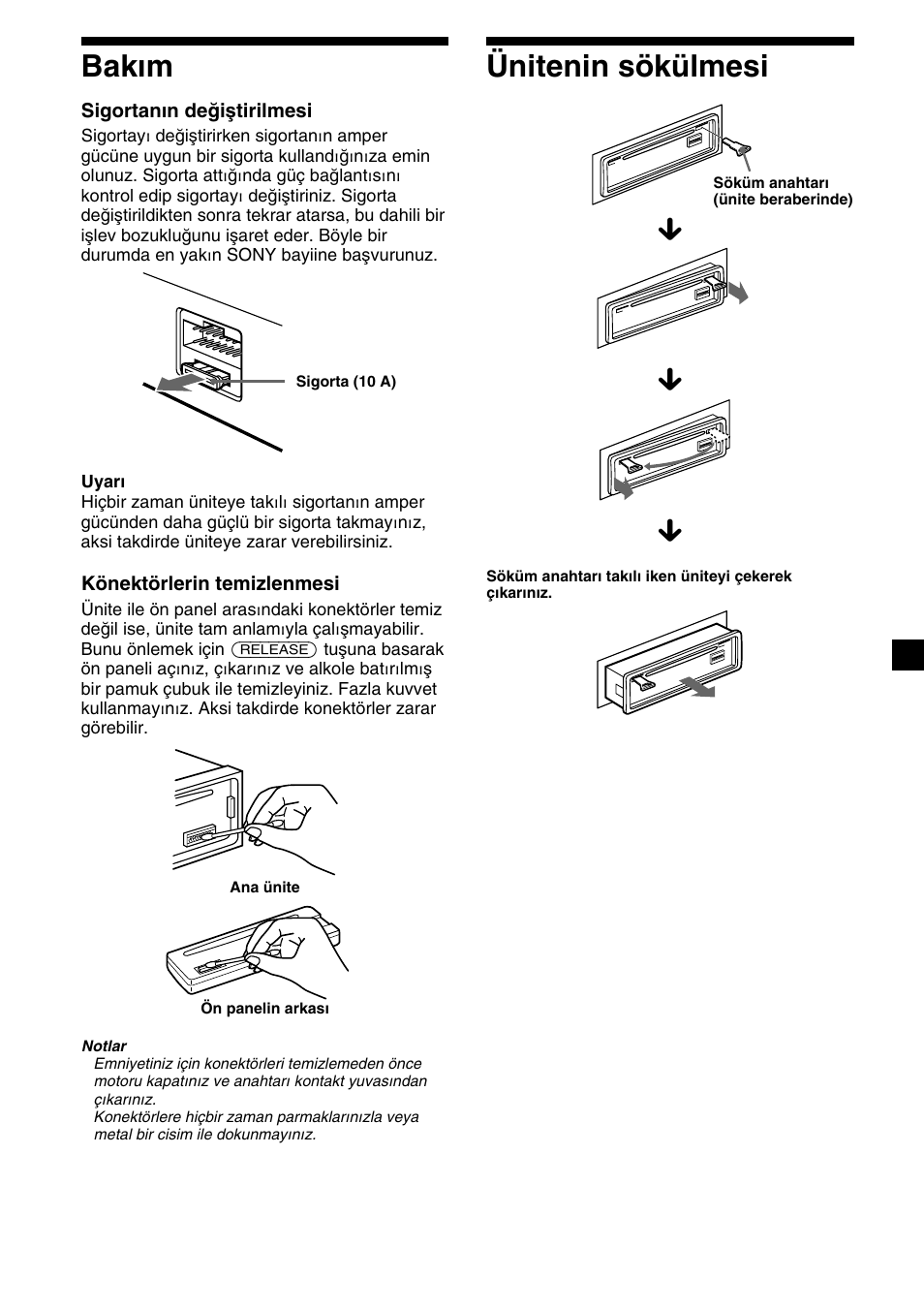 Bak›m, Ünitenin sökülmesi, Bakım ünitenin sökülmesi | 21 bakım | Sony CDX-2500R User Manual | Page 93 / 120