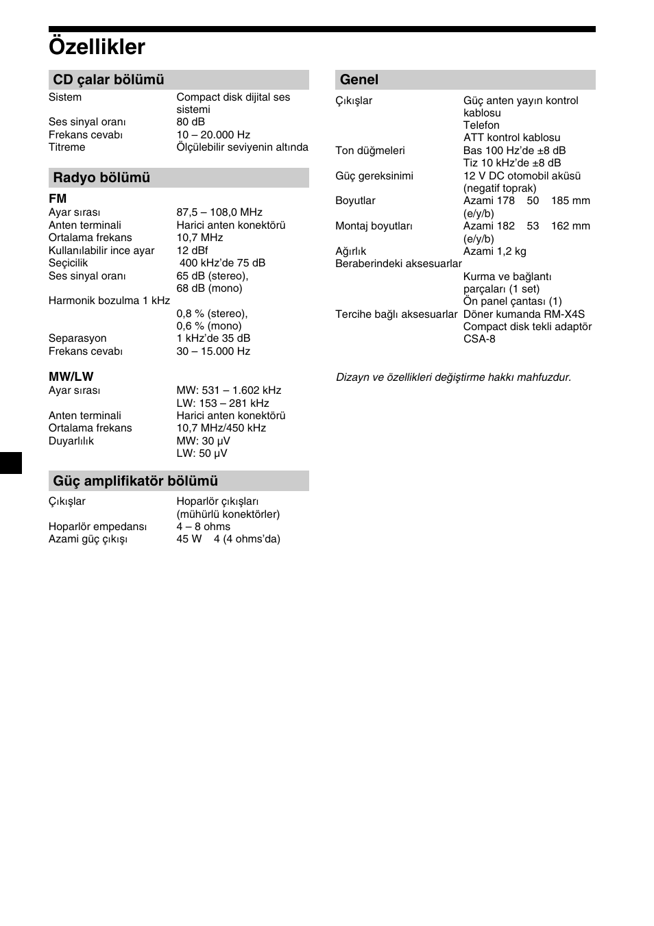 Özellikler, 22 özellikler, Cd çalar bölümü | Radyo bölümü, Güç amplifikatör bölümü, Genel | Sony CDX-2500R User Manual | Page 94 / 120