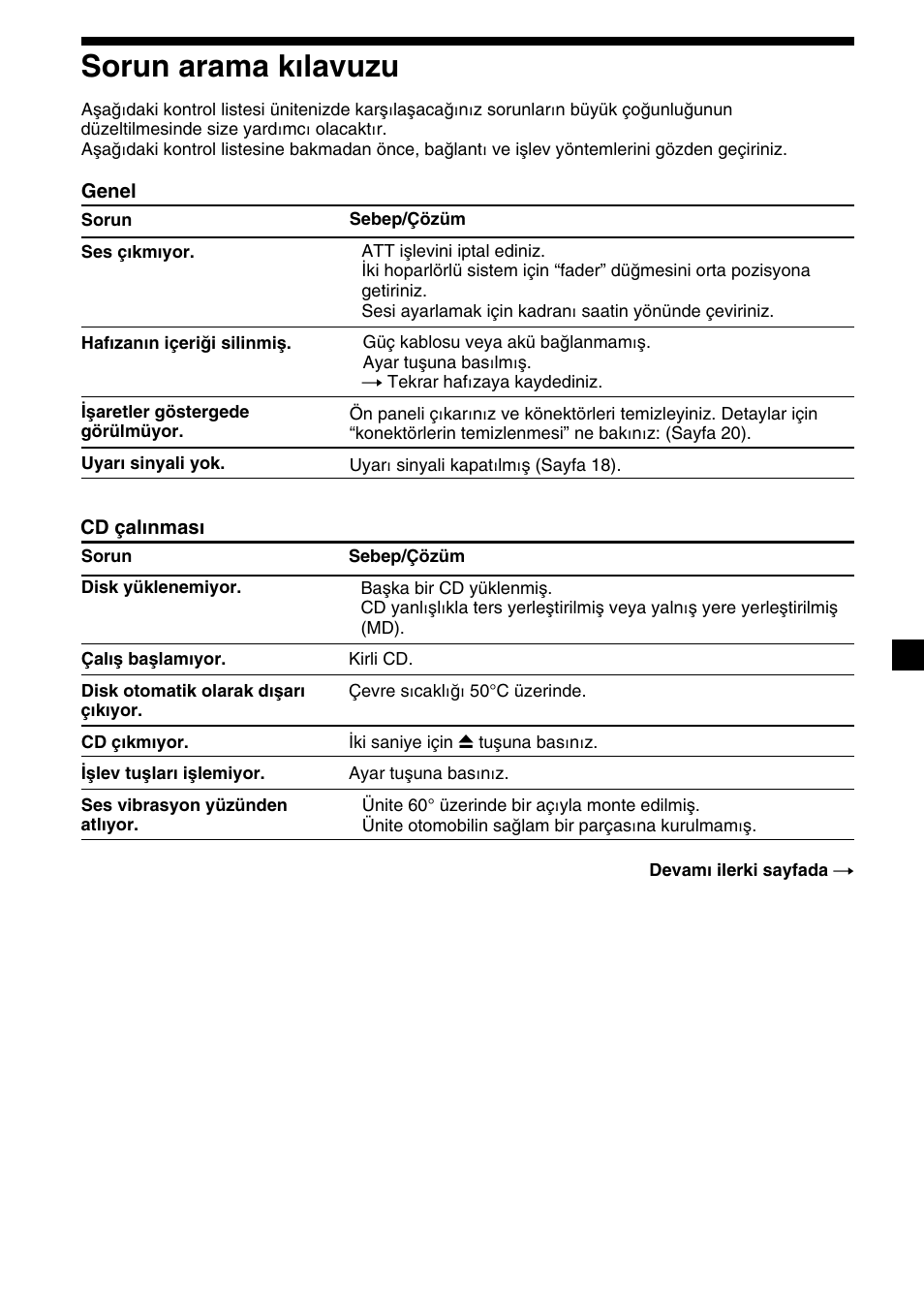 Sorun arama k›lavuzu, Sorun arama kılavuzu, 23 sorun arama kılavuzu | Sony CDX-2500R User Manual | Page 95 / 120