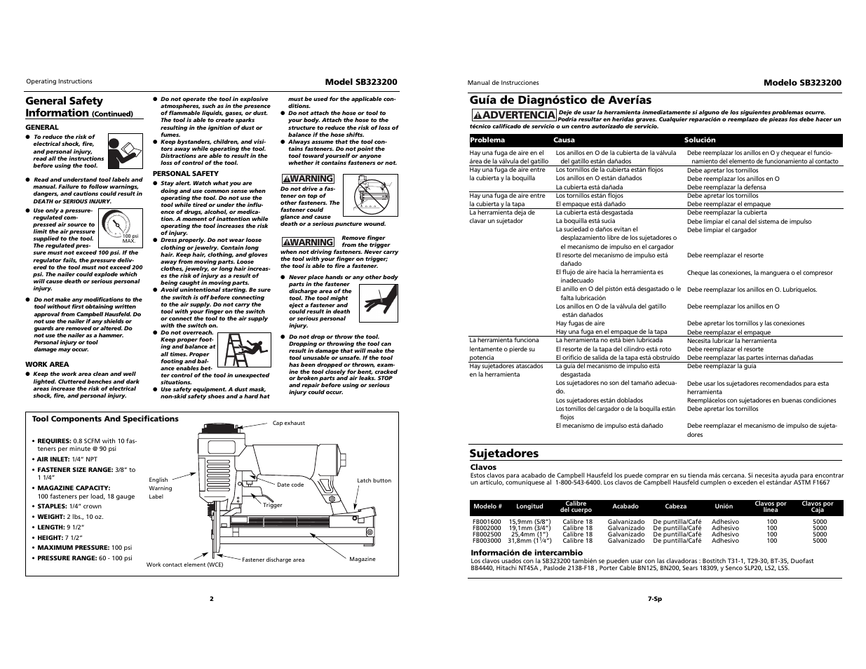 O i l, Guía de diagnóstico de averías, Sujetadores | Advertencia, General safety information | Campbell Hausfeld SB323200 User Manual | Page 2 / 12