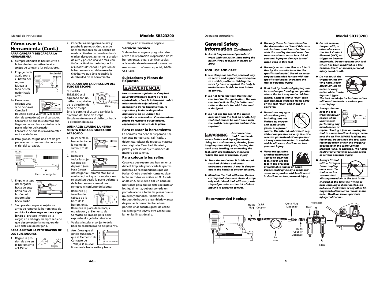 Campbell, Cómo usar la herramienta (cont.), Advertencia | General safety information | Campbell Hausfeld SB323200 User Manual | Page 3 / 12