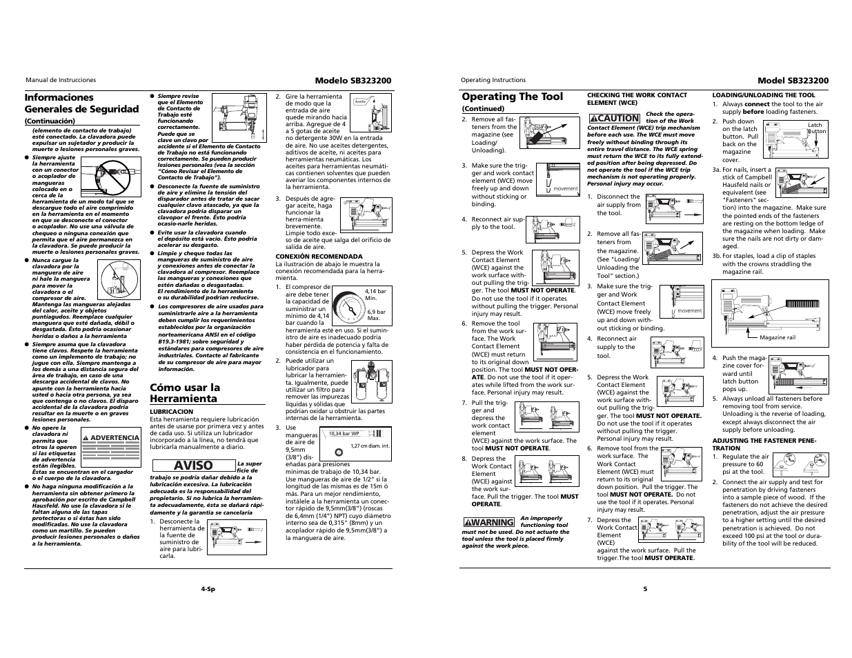 Aviso, Cómo usar la herramienta, Operating the tool | Campbell Hausfeld SB323200 User Manual | Page 5 / 12