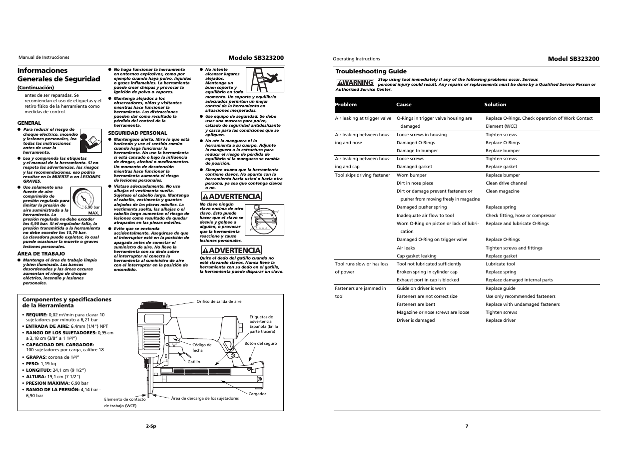 O i l, Advertencia | Campbell Hausfeld SB323200 User Manual | Page 7 / 12