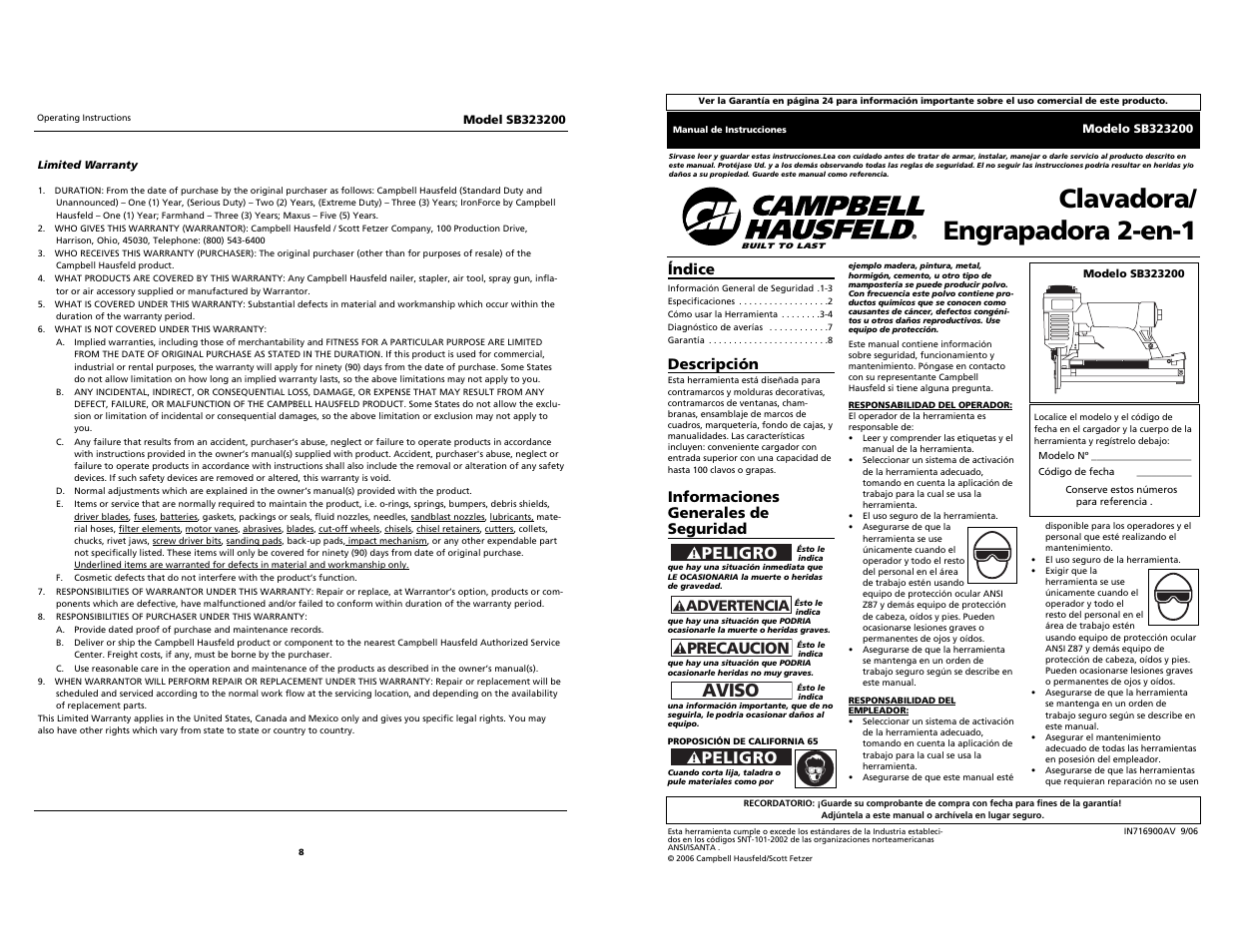 Clavadora/ engrapadora 2-en-1, Aviso, Peligro | Precaucion, Índice, Descripción, Informaciones generales de seguridad, Advertencia | Campbell Hausfeld SB323200 User Manual | Page 8 / 12