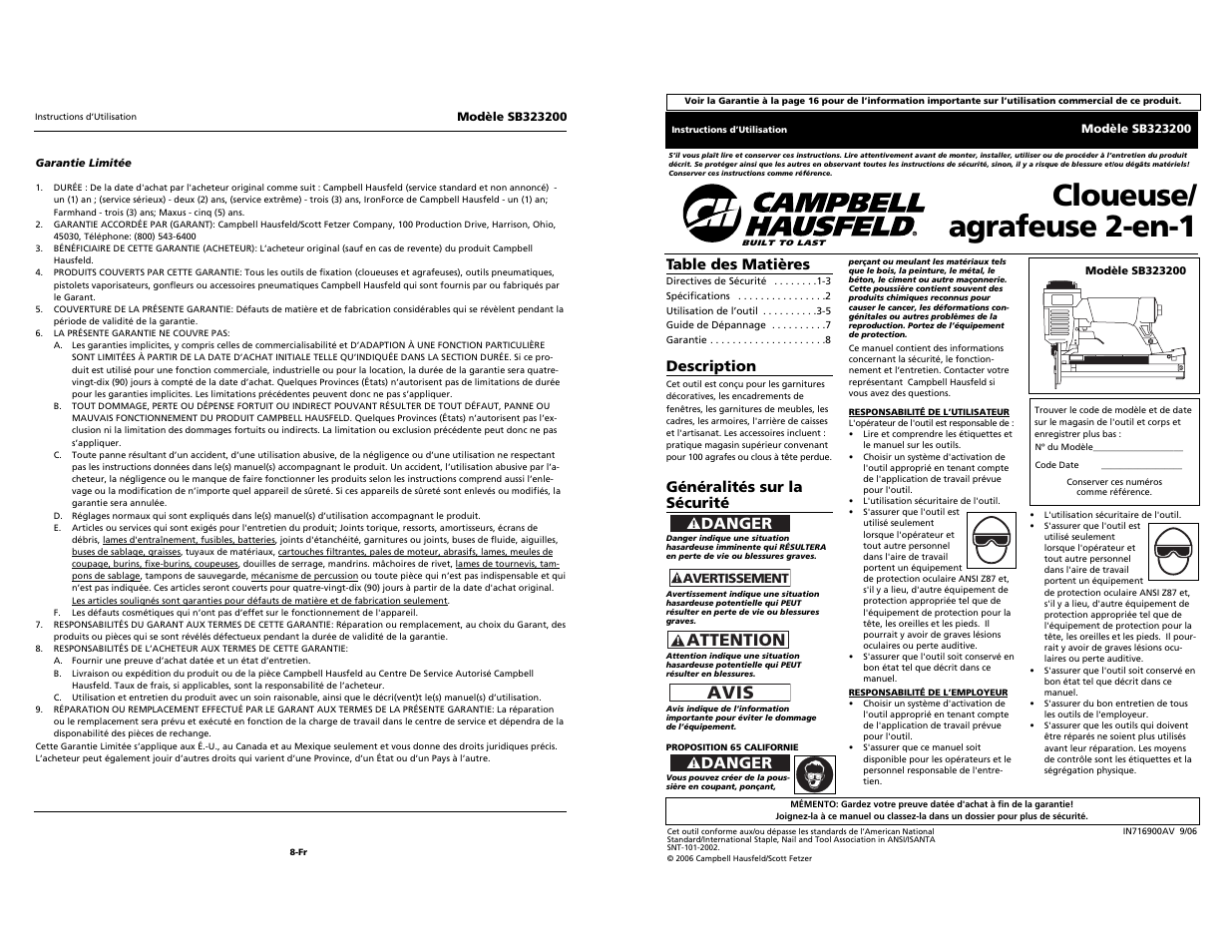 Cloueuse/ agrafeuse 2-en-1, Avis, Attention | Danger | Campbell Hausfeld SB323200 User Manual | Page 9 / 12