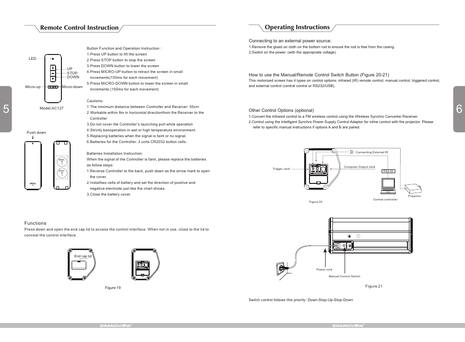 Remote control instruction, Operating instructions | Grandview CB-MI(Cyber Intergrated Motorized) User Manual | Page 6 / 6