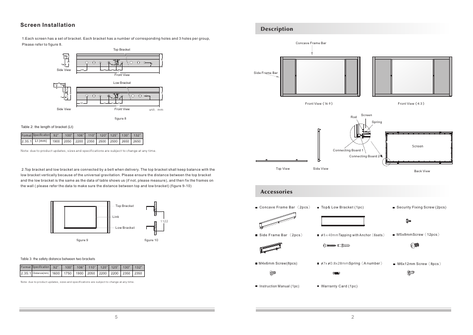 Screen installation, Description accessories | Grandview LF-HMF(Horizontal Adjustable Fixed-Frame Screen) User Manual | Page 3 / 4