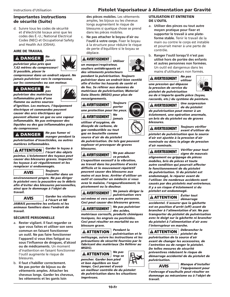 Pistolet vaporisateur à alimentation par gravité, Importantes instructions de sécurité (suite) | Campbell Hausfeld DH5700 User Manual | Page 10 / 24