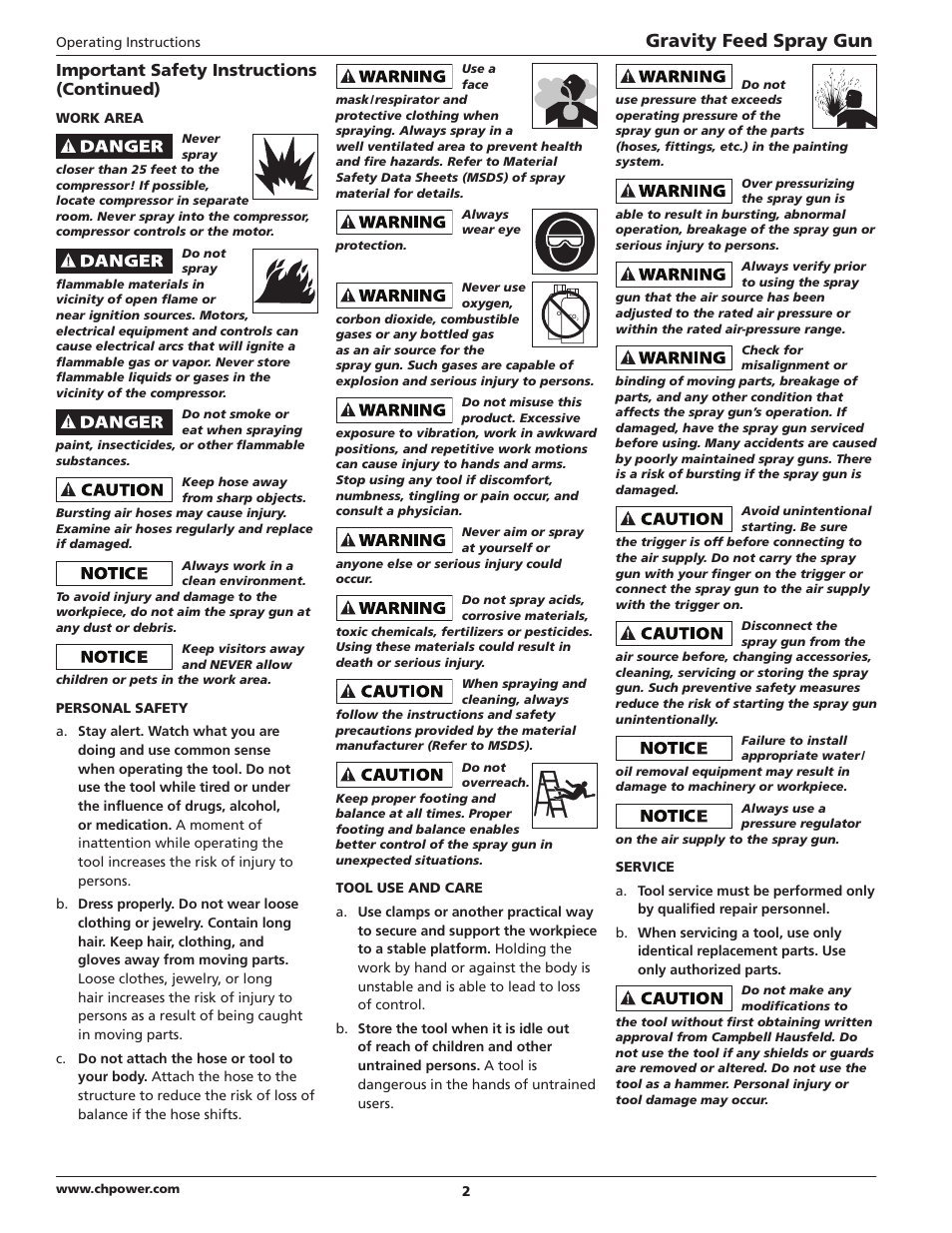 Gravity feed spray gun, Important safety instructions (continued) | Campbell Hausfeld DH5700 User Manual | Page 2 / 24