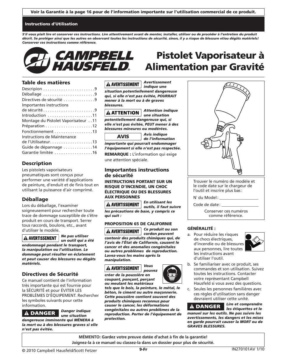 Pistolet vaporisateur à alimentation par gravité | Campbell Hausfeld DH5700 User Manual | Page 9 / 24