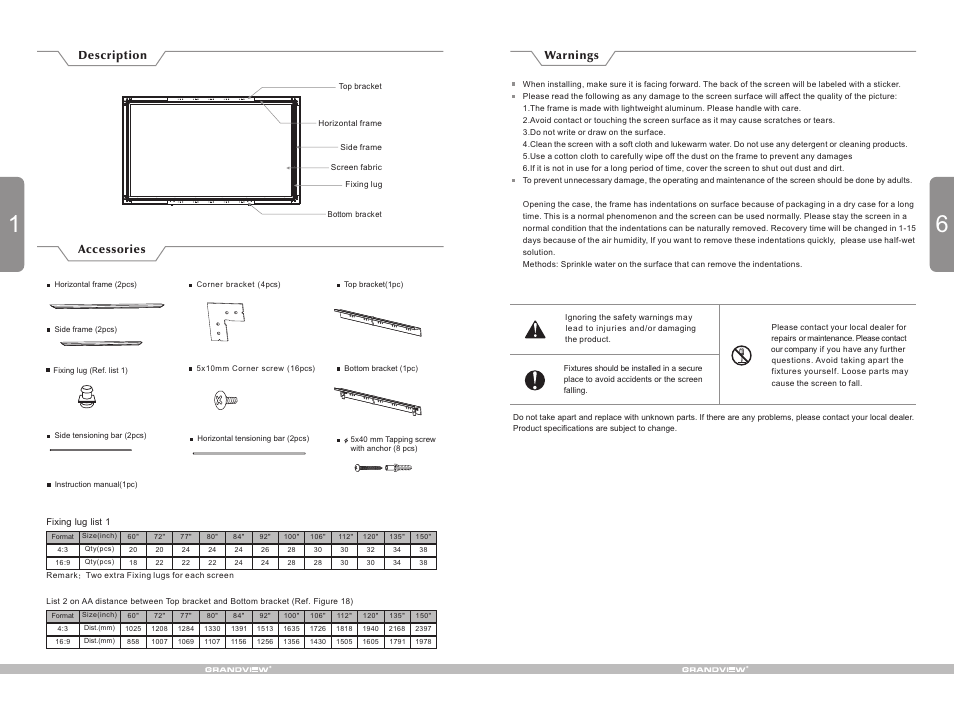 Description accessories, Warnings | Grandview LF-PU(Large-Flat Prestige 80 mm Series) User Manual | Page 2 / 4