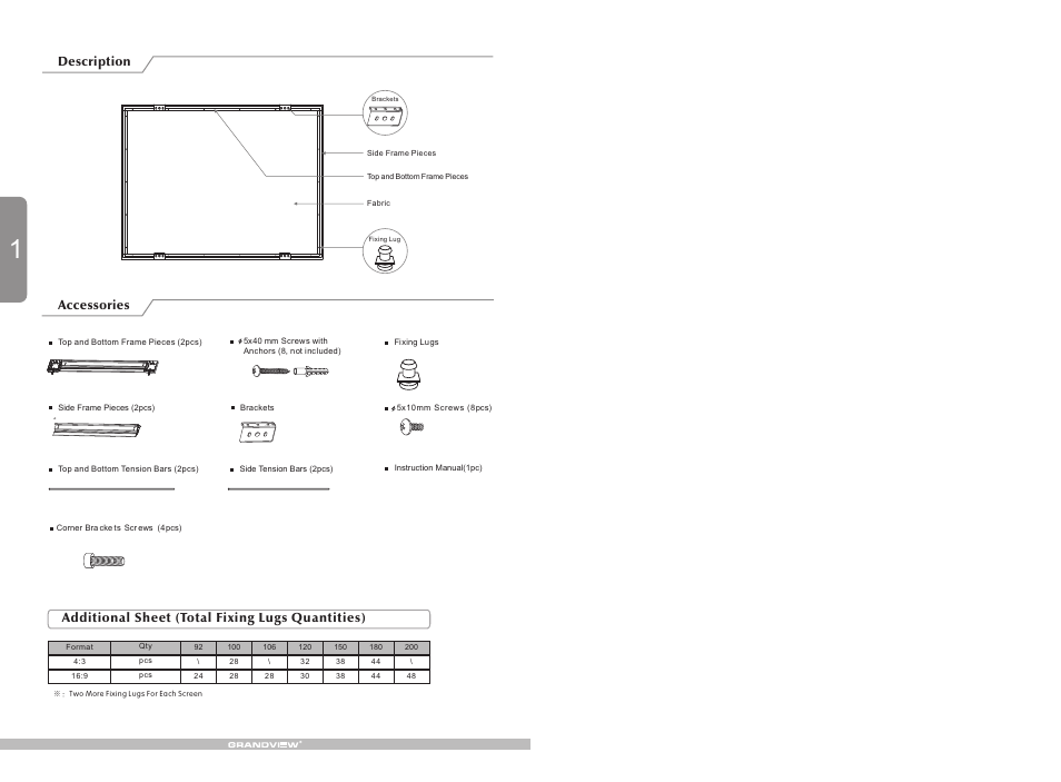 Description accessories, Additional sheet (total fixing lugs quantities) | Grandview LF-PP(Large-Flat Ultimate 100 mm Series) User Manual | Page 2 / 4