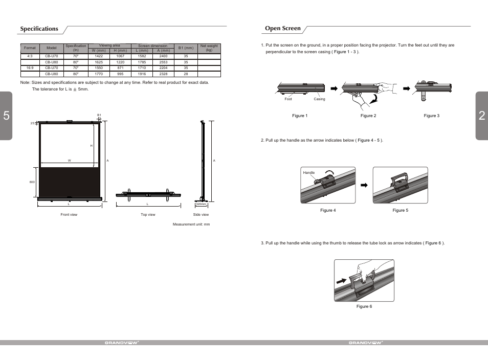 Т³гж 3, Open screen, Specifications | Grandview CB-UX(Portable Self-Stand Series) User Manual | Page 3 / 4