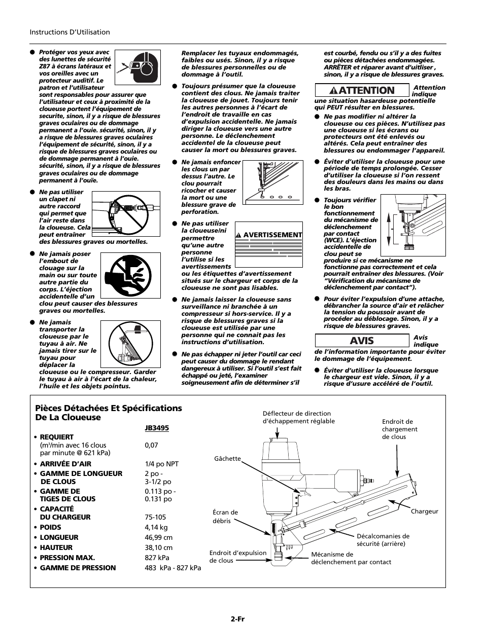 Pièces détachées et spécifications de la cloueuse | Campbell Hausfeld JB3495 User Manual | Page 10 / 24