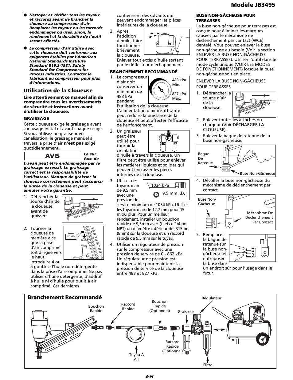 Modèle jb3495, Utilisation de la cloueuse, Branchement recommandé | Campbell Hausfeld JB3495 User Manual | Page 11 / 24