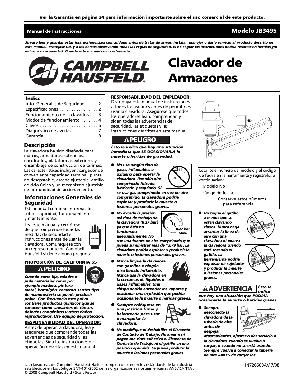 Clavador de armazones, Modelo jb3495, Informaciones generales de seguridad | Descripción | Campbell Hausfeld JB3495 User Manual | Page 17 / 24