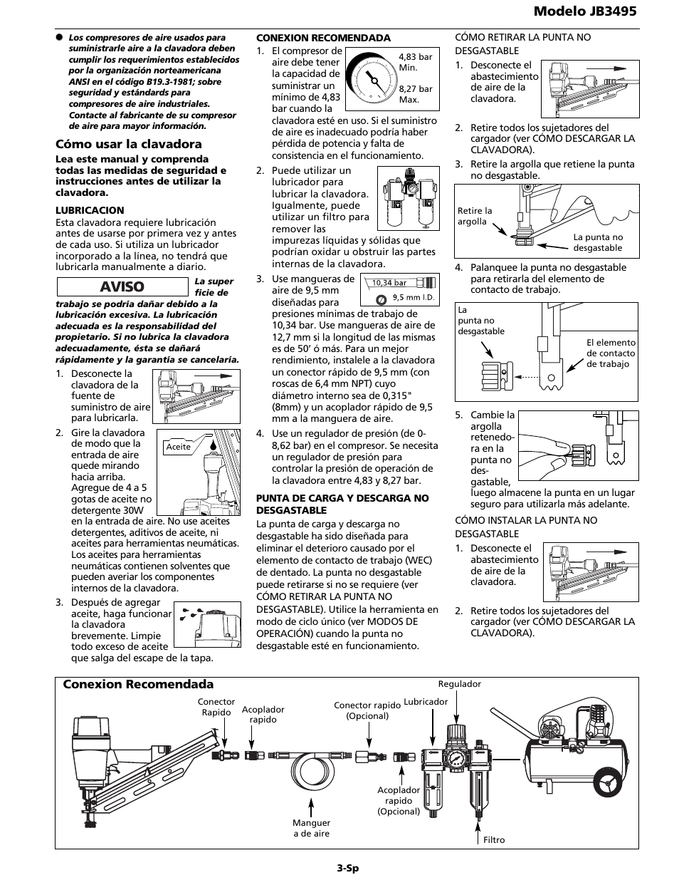 Modelo jb3495, Cómo usar la clavadora, Conexion recomendada | Campbell Hausfeld JB3495 User Manual | Page 19 / 24