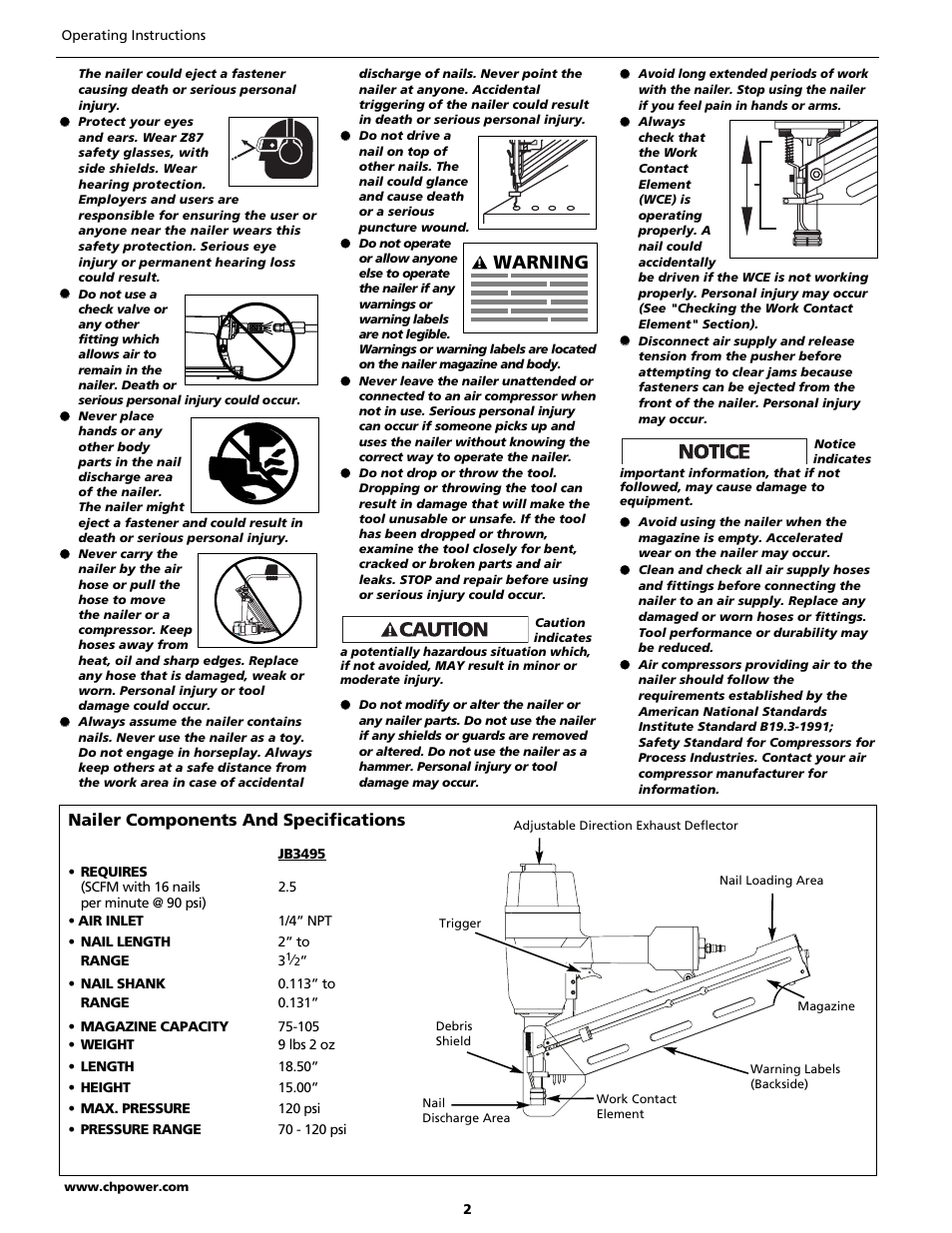 Warning, Nailer components and specifications | Campbell Hausfeld JB3495 User Manual | Page 2 / 24