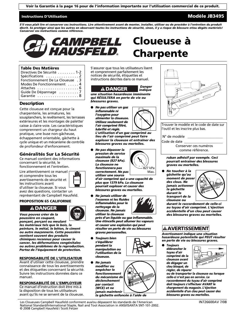 Cloueuse à charpente, Modèle jb3495, Généralités sur la sécurité | Description | Campbell Hausfeld JB3495 User Manual | Page 9 / 24