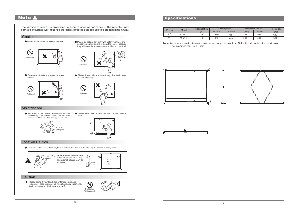 Specifications, Caution, Maintenance location caution | Grandview PT-U(U Work) User Manual | Page 3 / 4