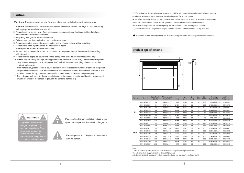 Product specifications 14, Caution | Grandview LF-MIRCI(Recessed-Ceiling Series) User Manual | Page 2 / 8