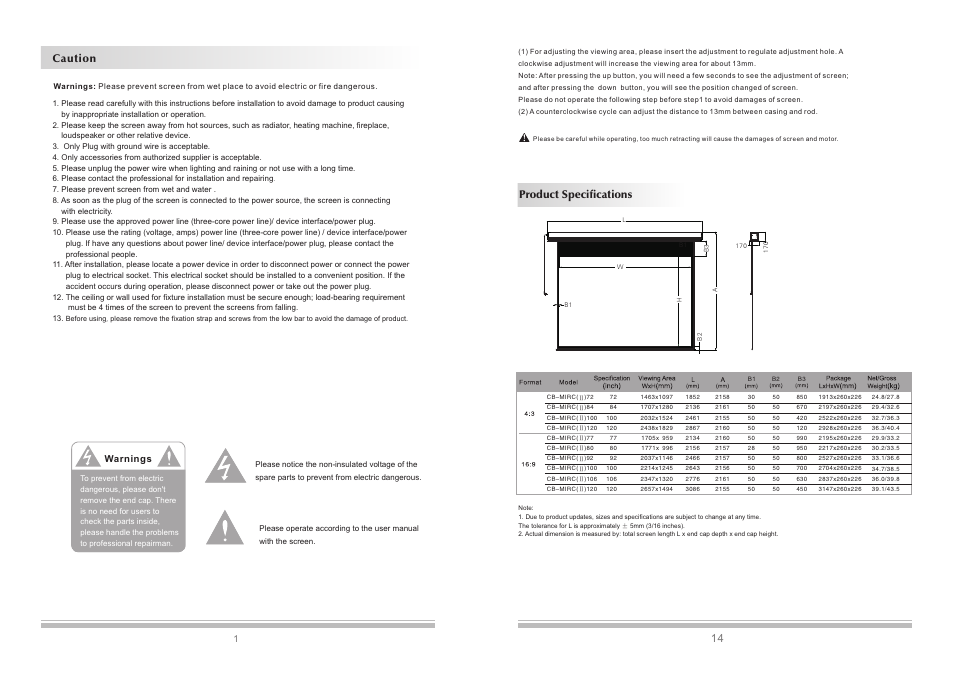Product specifications 14, Caution | Grandview LF-MIRCII(Recessed-Ceiling Series) User Manual | Page 2 / 8