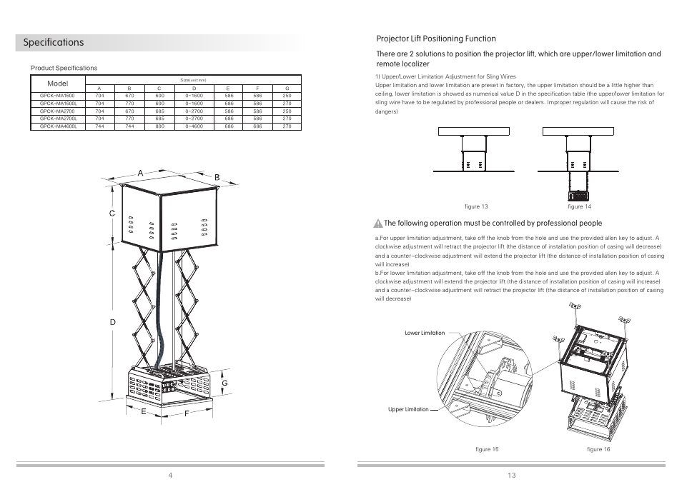 Specifications, Projector lift positioning function | Grandview GPCK-MA User Manual | Page 6 / 10