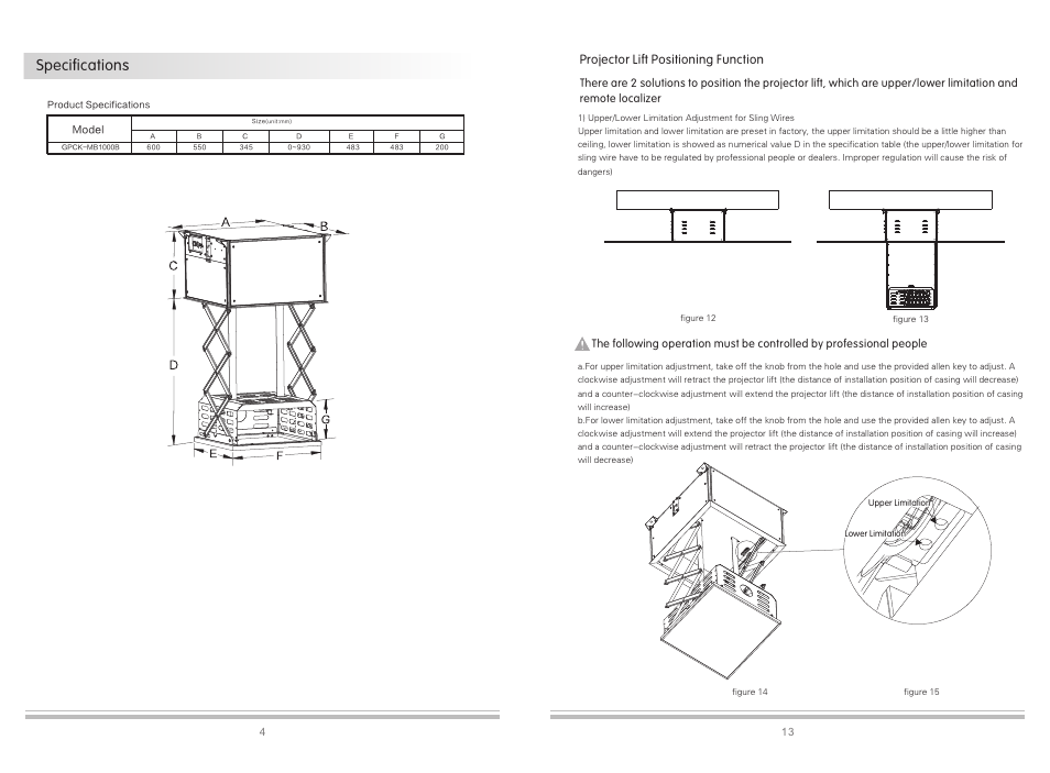 Specifications, Projector lift positioning function | Grandview GPCK-MB1000B User Manual | Page 6 / 10