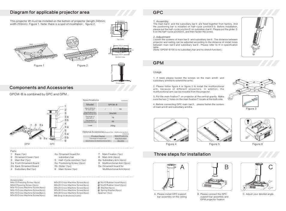 Components and accessories, Gpc gpm three steps for installation, Diagram for applicable projector area | Grandview GPCM-B User Manual | Page 2 / 2