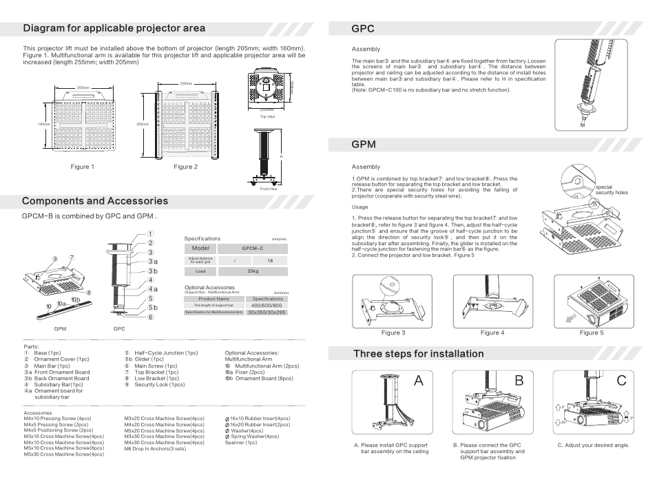 Diagram for applicable projector area, Components and accessories, Three steps for installation | Grandview GPCM-C User Manual | Page 2 / 2