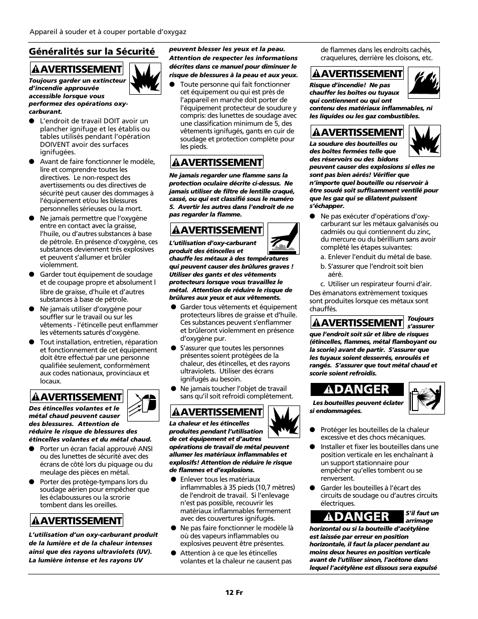 Danger, Avertissement | Campbell Hausfeld PORTABLE OXY-FUEL WT5000 User Manual | Page 12 / 32