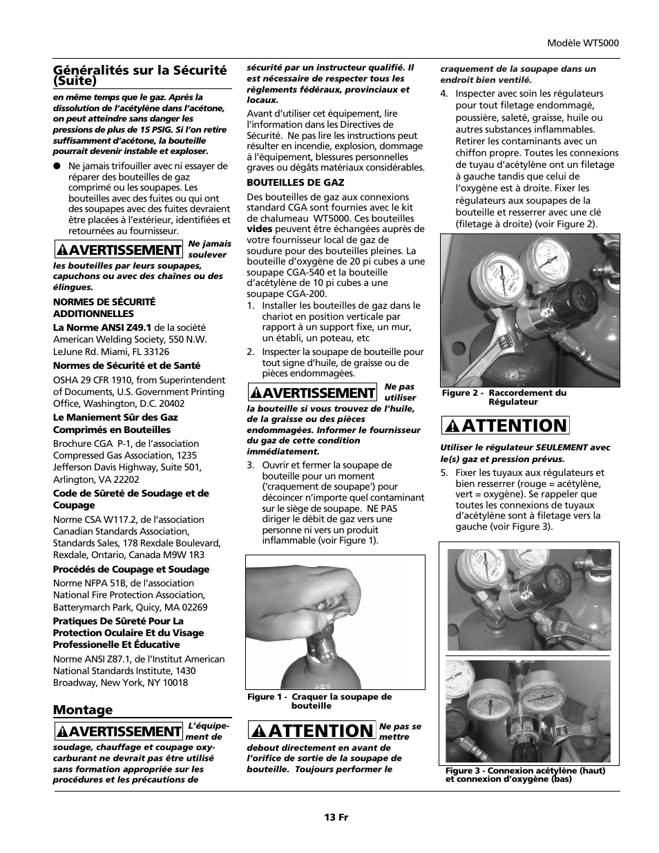 Attention, Avertissement, Généralités sur la sécurité (suite) | Montage | Campbell Hausfeld PORTABLE OXY-FUEL WT5000 User Manual | Page 13 / 32