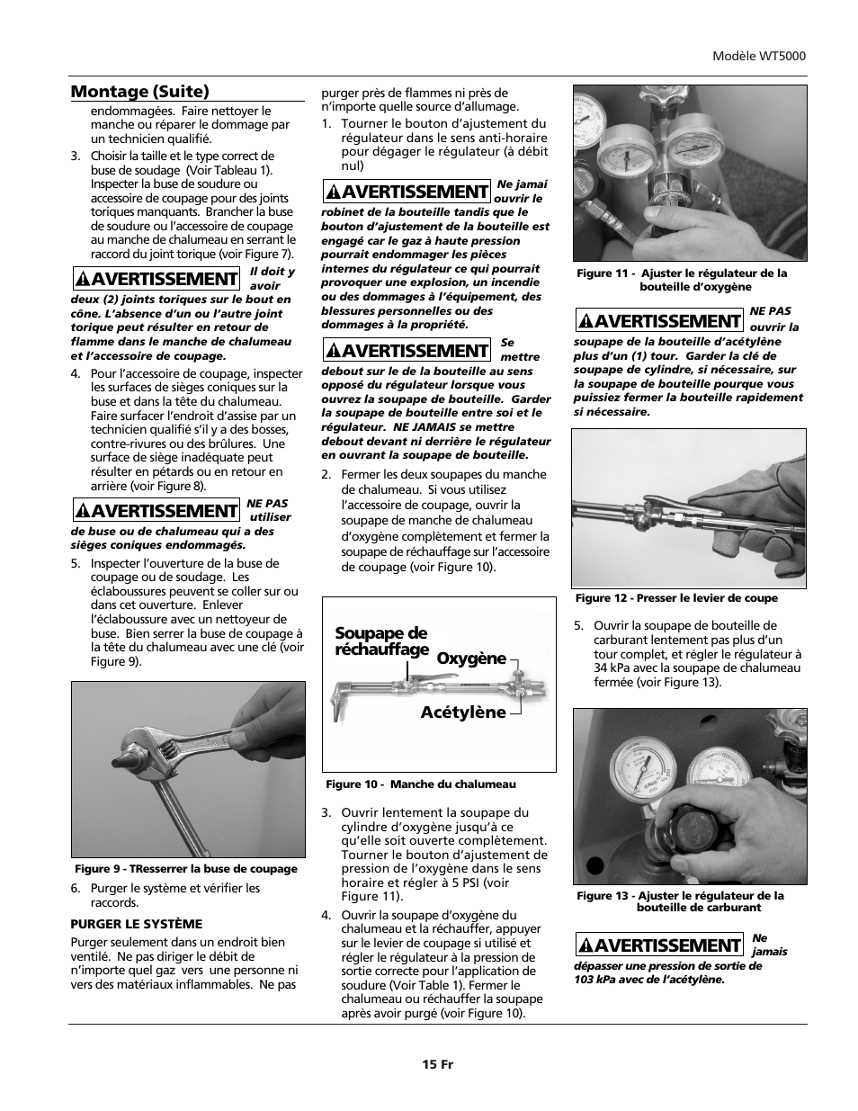 Avertissement, Montage (suite), Soupape de réchauffage oxygène acétylène | Campbell Hausfeld PORTABLE OXY-FUEL WT5000 User Manual | Page 15 / 32