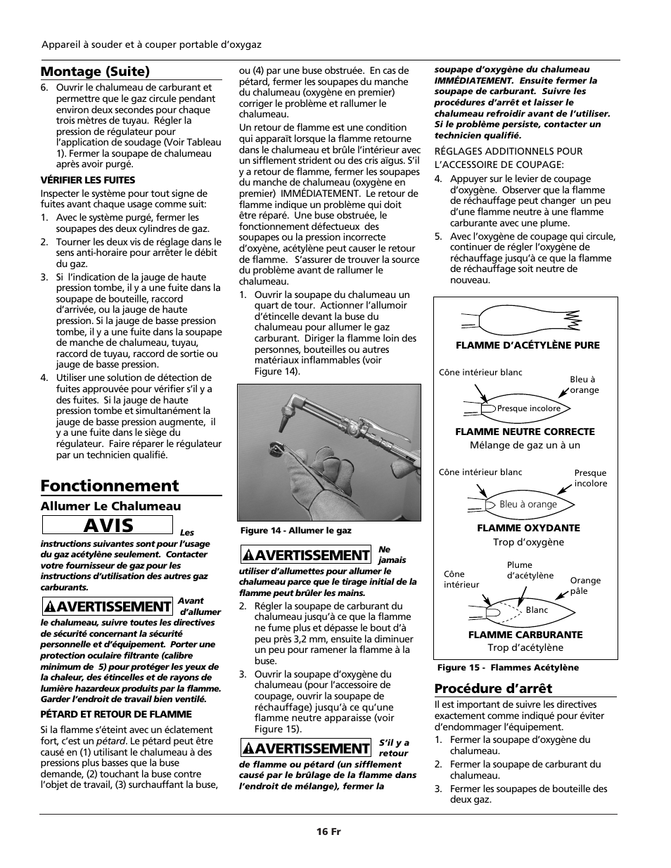 Avis, Fonctionnement, Avertissement | Montage (suite), Procédure d’arrêt | Campbell Hausfeld PORTABLE OXY-FUEL WT5000 User Manual | Page 16 / 32