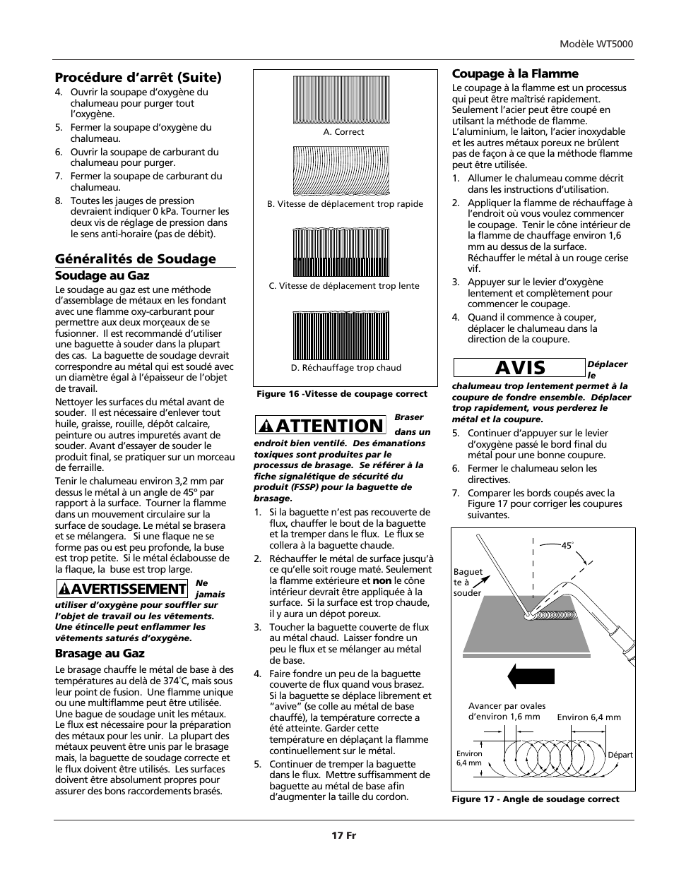 Avis, Attention, Avertissement | Procédure d’arrêt (suite), Généralités de soudage | Campbell Hausfeld PORTABLE OXY-FUEL WT5000 User Manual | Page 17 / 32